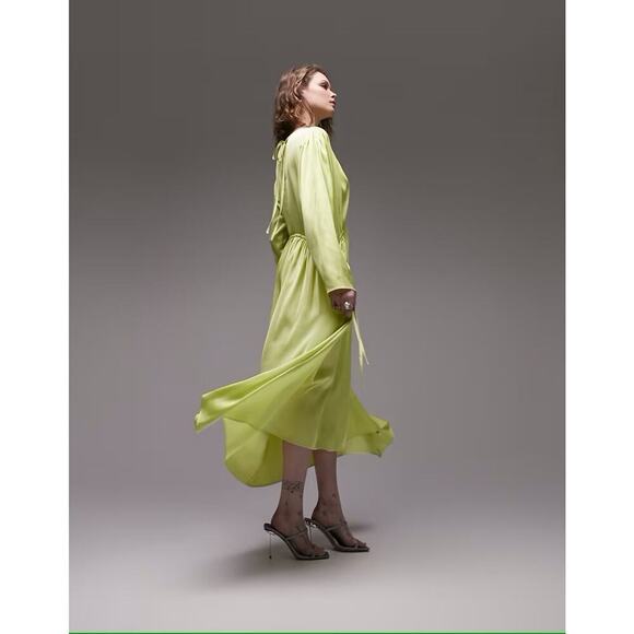 Topshop Occasion Dress Long Sleeve Ruched Keyhole Back Maxi Blouson Lime M - Picture 3 of 9